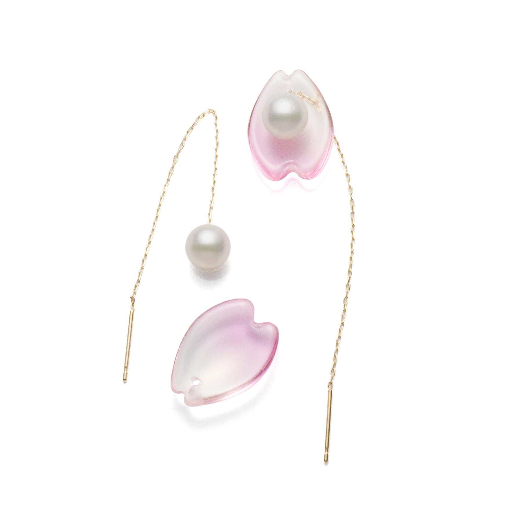 K10YGあこや真珠6-6.5mmチェーンピアス×桜ペタル アタッチメント