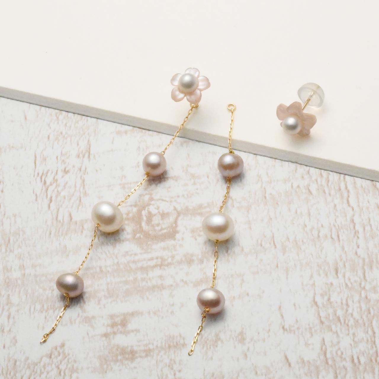 K10YG桜シェル×淡水ベビーパール スタッドピアス × ピアスチャーム セット