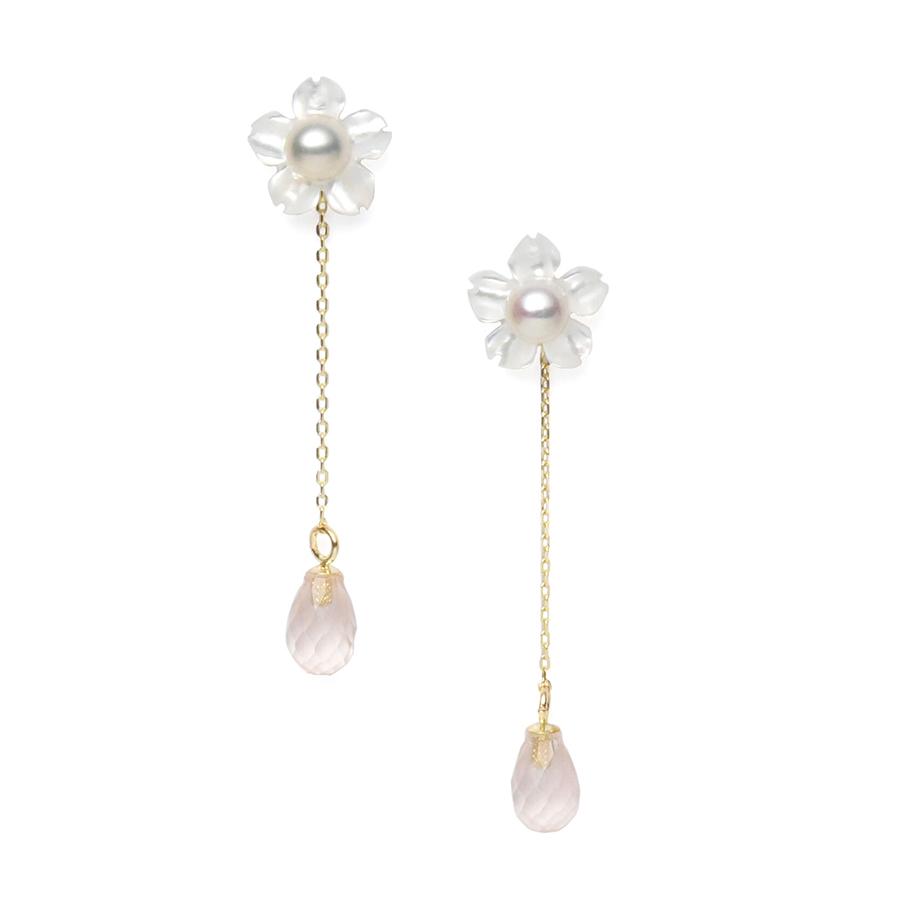 K10YG淡水ベビーパールフラワーピアス&ローズクォーツピアスチャーム