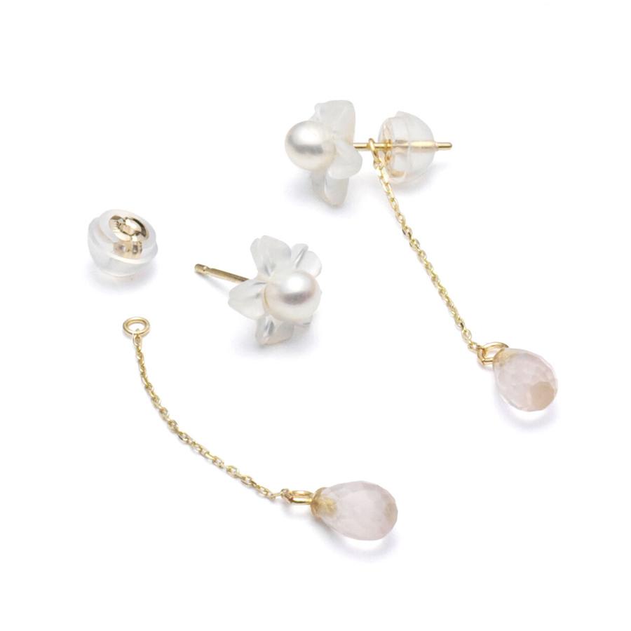 K10YG淡水ベビーパールフラワーピアス&ローズクォーツピアスチャーム | 2枚目
