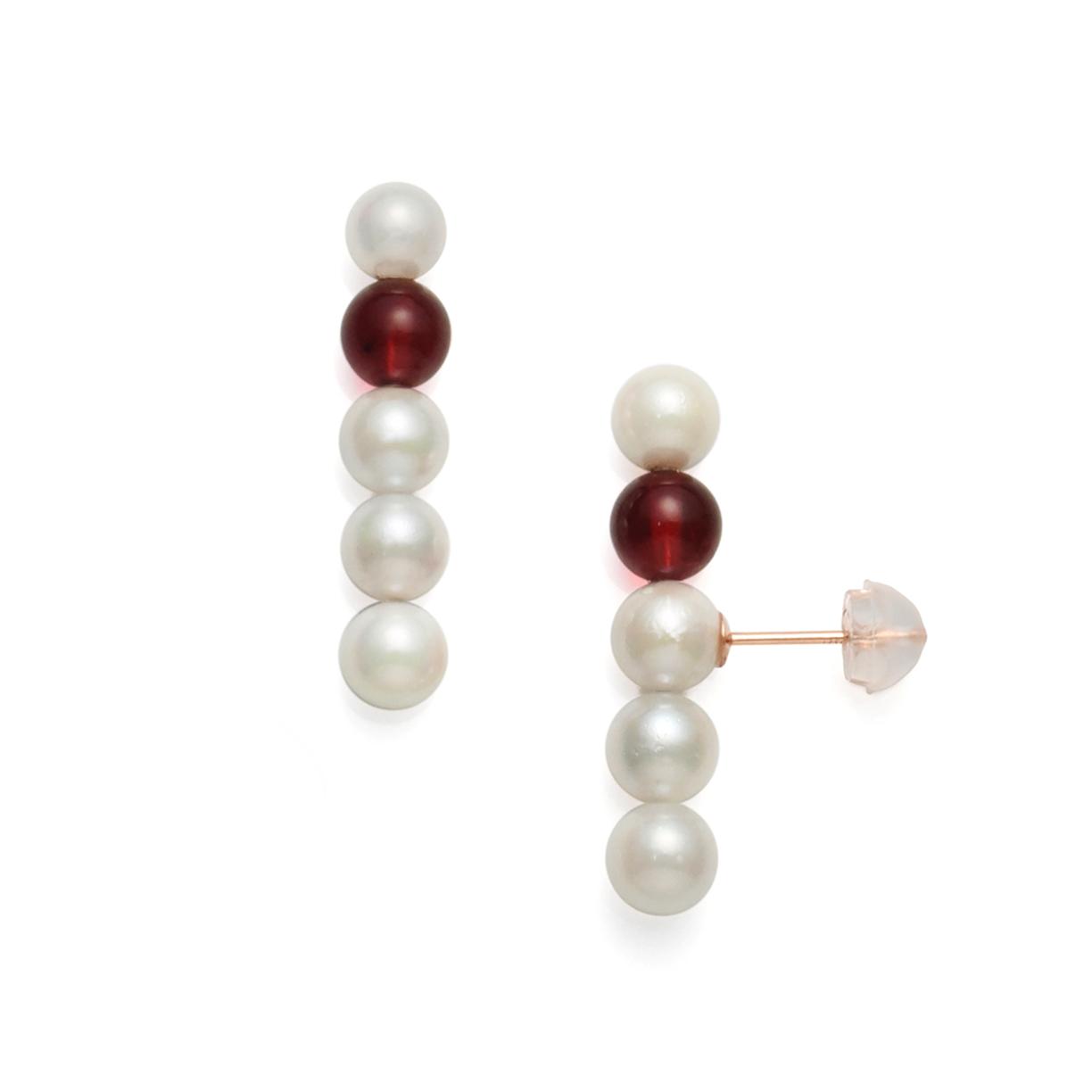 K18PGあこや真珠×アンバー5-5.5mm サンク・バーデザインピアス （レッド・ペア）