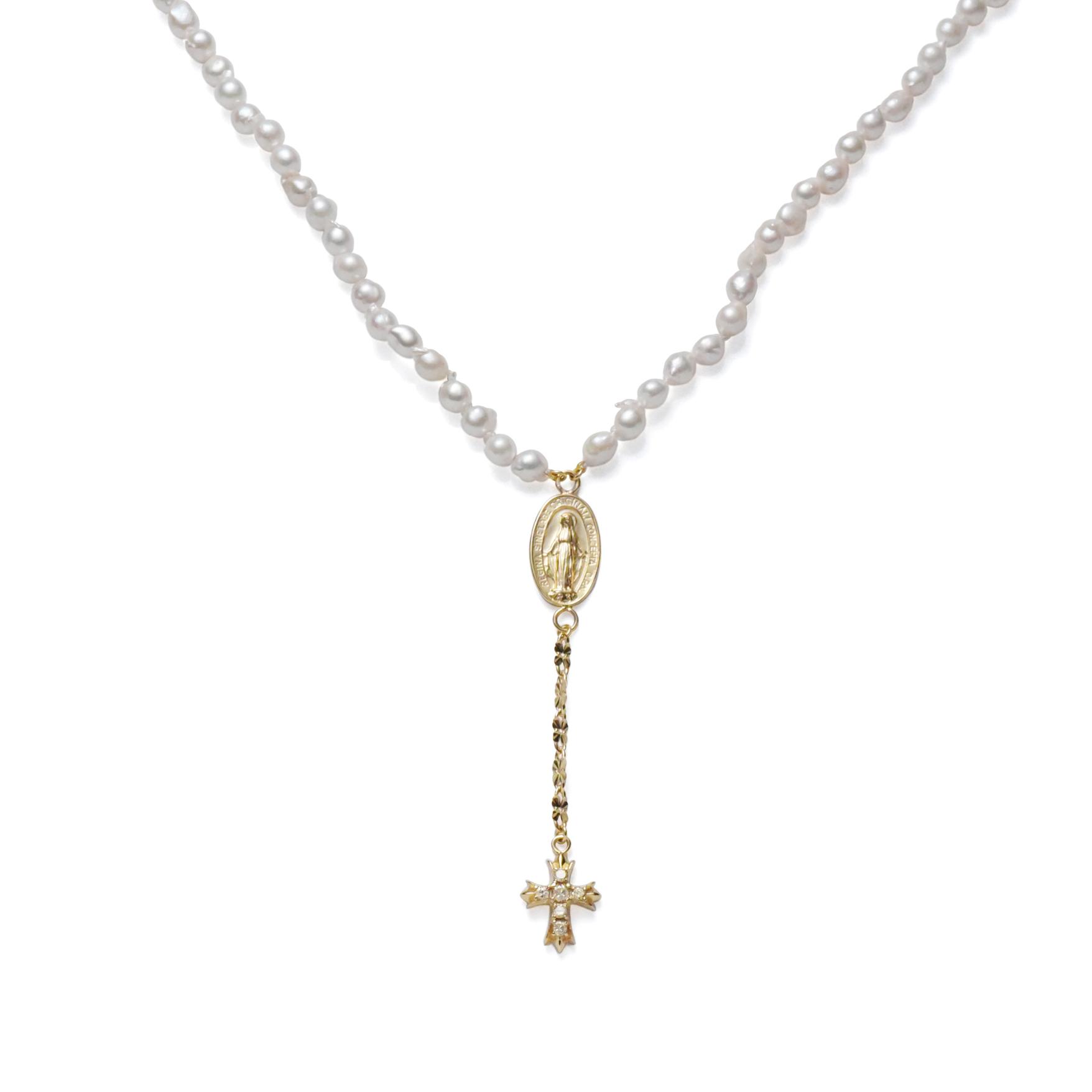 K10YGあこや真珠3-3.5mmバロック ロザリオ風ネックレス（メダイ×ダイヤリリークロス)