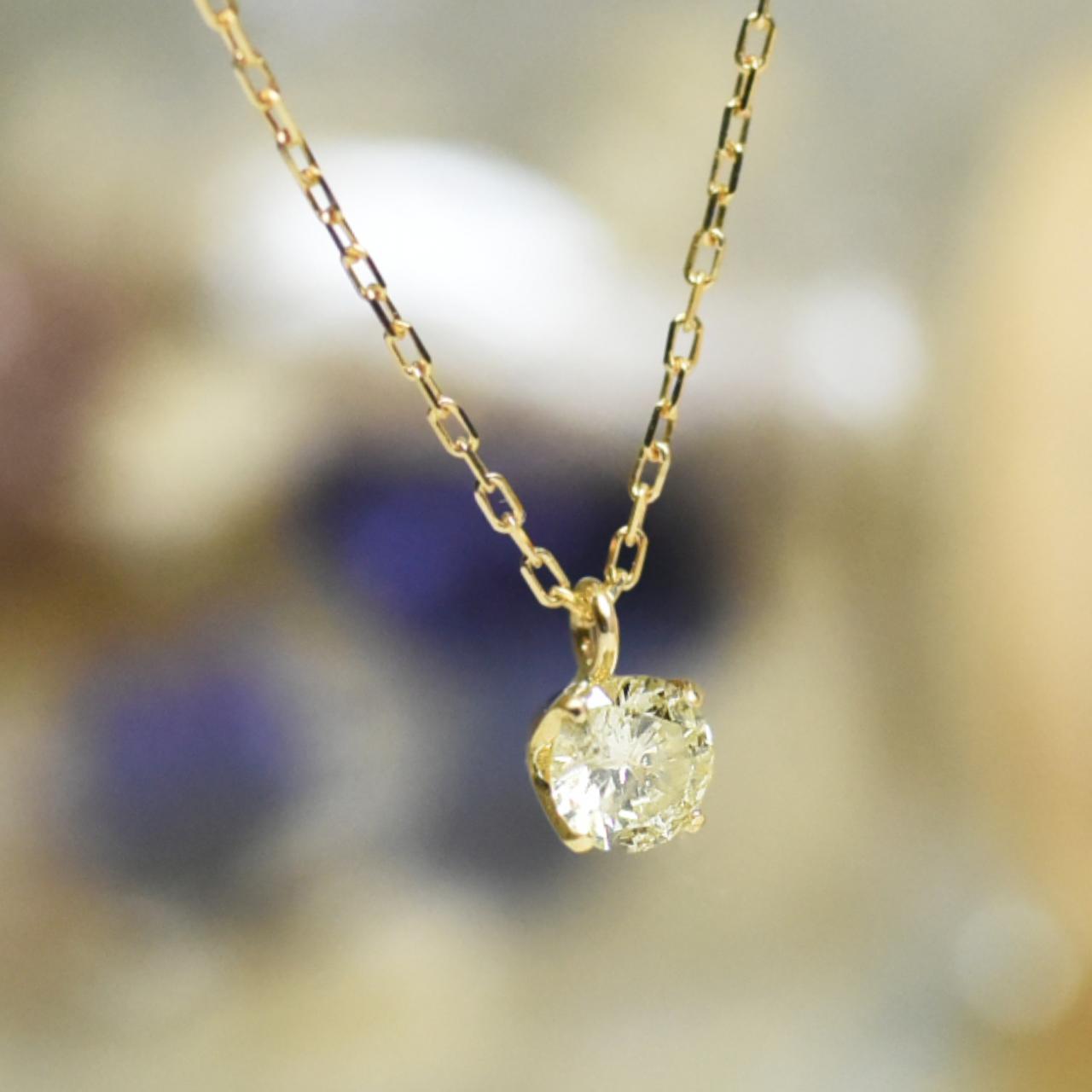 K18YGイエローダイヤモンド0.1ctペンダント 4本爪シンプルデザイン1枚目の画像