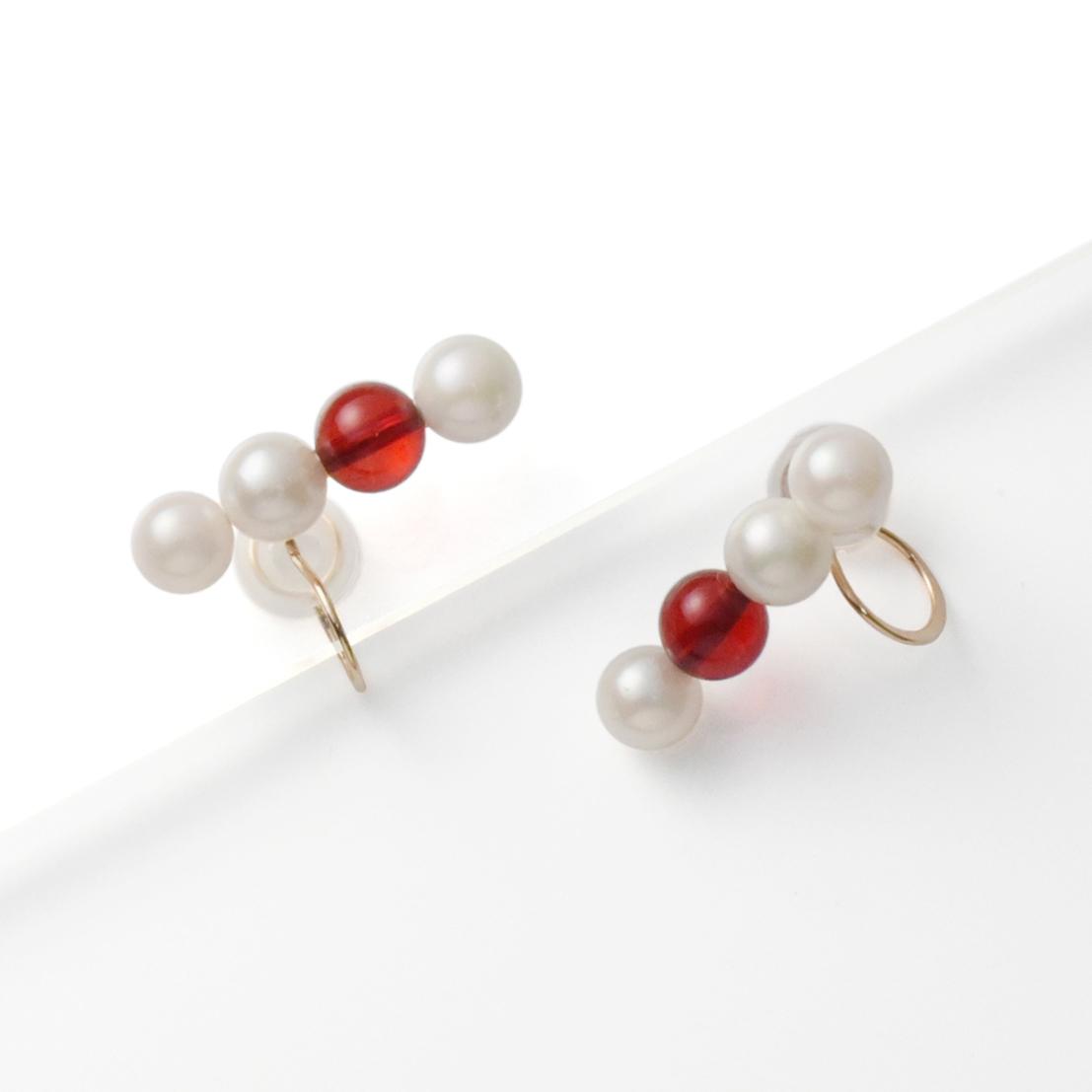 K10YGあこや真珠×アンバー 5-5.5mm クアトロバー イヤーカフ(レッド・ペア) | 2枚目